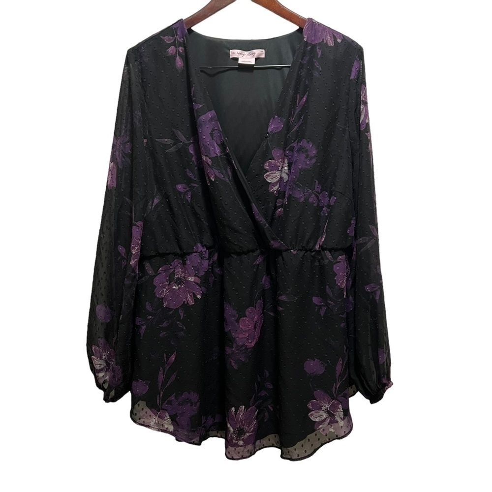 Penningtons In Every Story Black Floral Faux Wrap Blouse Size 1X